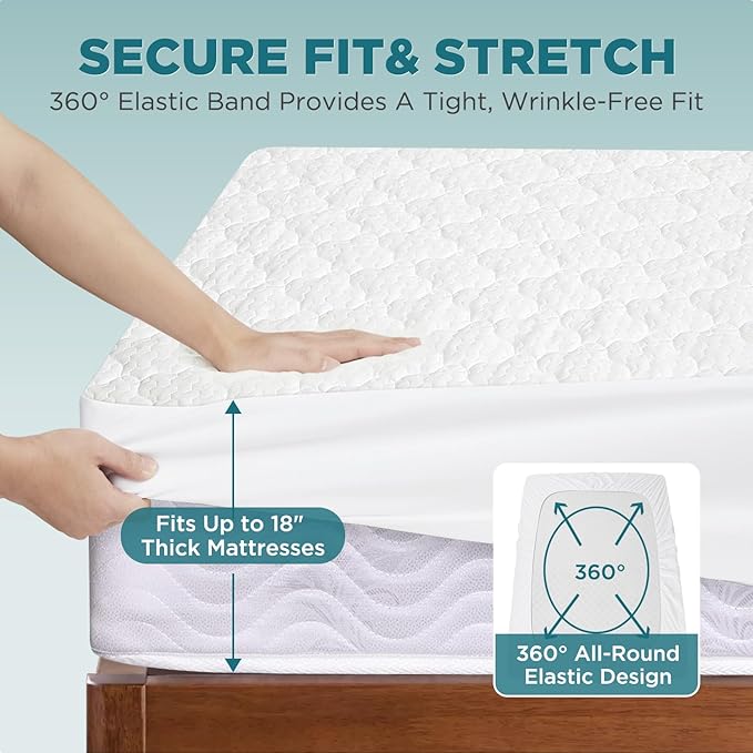 5-Sided Waterproof Mattress Protector, California King Size Quilted Bamboo Rayon Mattress Cover, Breathable Cooling Noiseless Bed Fitted Sheets, Soft Bedding Pad with Deep Pocket Up to 18"