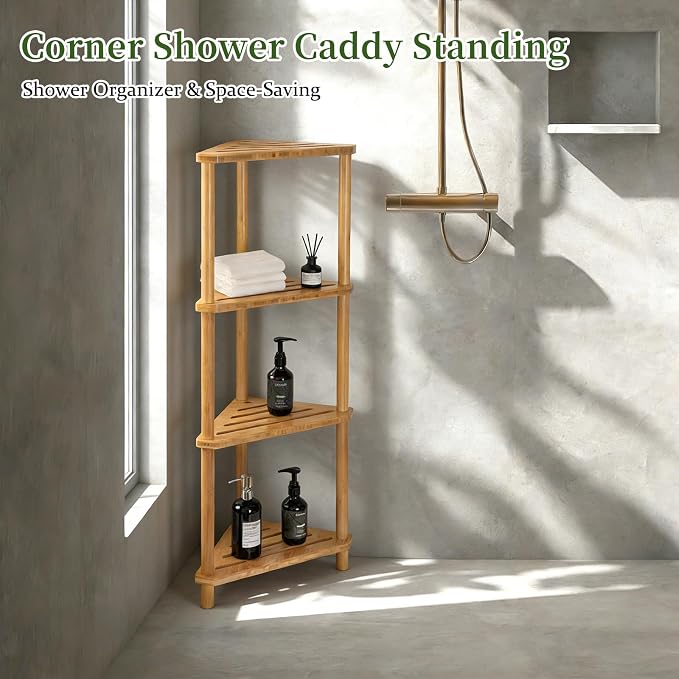 GUGIGP 4-Tier Corner Shower Caddy Stand Bamboo,Standing Corner Shower Shelf,Shower Organizer,Shower Storage Shlves,Waterproof & Durable,Space-Saving Design for Bathroom Kitchen or Living Room - Image 6
