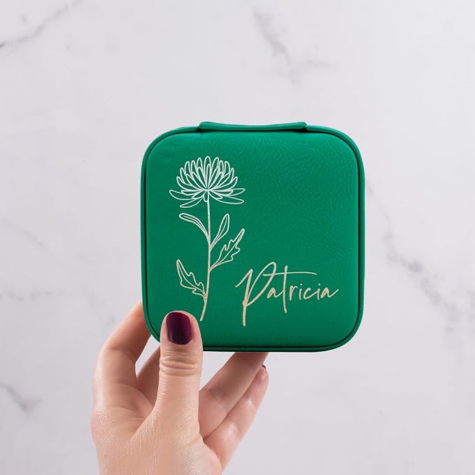 Custom Leather Jewelry Box w/Name & Birth Flower Month - Birthday Gifts for Women, Personalized Jewelry Travel Case - Customized Jewelry Organizer Box, Mom Birthday Gifts - Emerald - Image 2