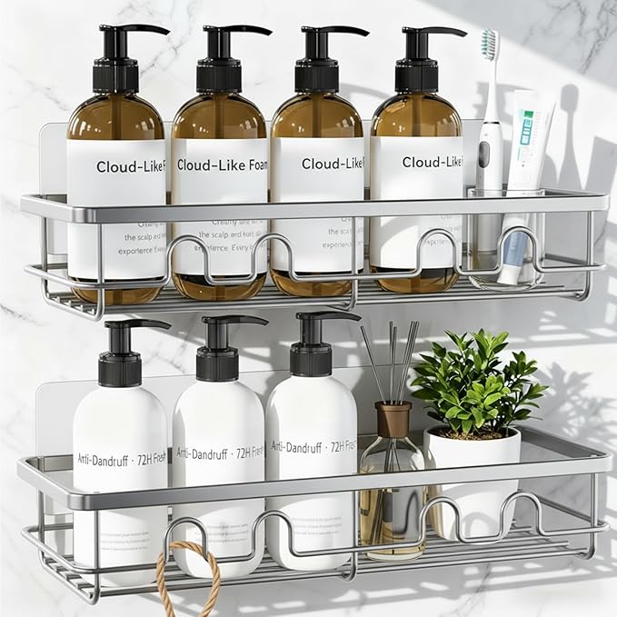 Adhesive Shower Caddy, Large Capacity Shower Racks for Inside Shower, No Drill Bathroom Shower Organizer and Storage, 2 Pack Silver Bathroom Shelves, Home Decor Rv Accessories, Apartment by Dimyno
