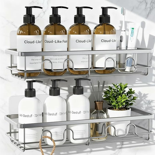 Adhesive Shower Caddy, Large Capacity Shower Racks for Inside Shower, No Drill Bathroom Shower Organizer and Storage, 2 Pack Silver Bathroom Shelves, Home Decor Rv Accessories, Apartment by Dimyno