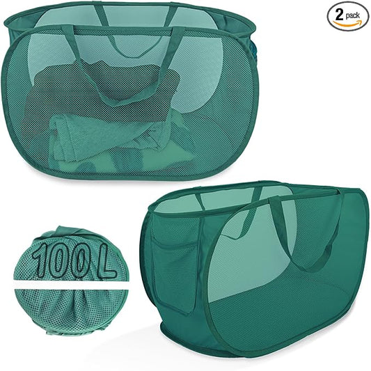 100L Foldable Laundry Baskets 2 Pack, Extra Large Mesh Pop Up Laundry Hamper, Dirty Clothes Hamper with Handles, Pop-up Hampers for Laundry Travel. Dorm or Home Portable Clothes Baskets.Green 2H by NairSnow