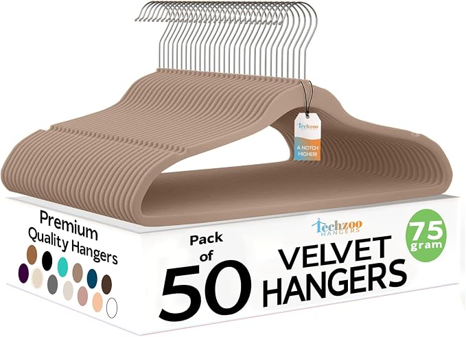 Techzoo 50 Pack New Premium Quality Velvet Hangers Ultra Thin Non Slip Adult Felt Space Saving Hangers for Closet Heavy Duty Coat Pants Dress Hangers 360° Swivel Hook Hold Upto 10 lbs Warm Taupe by TECHZOO
