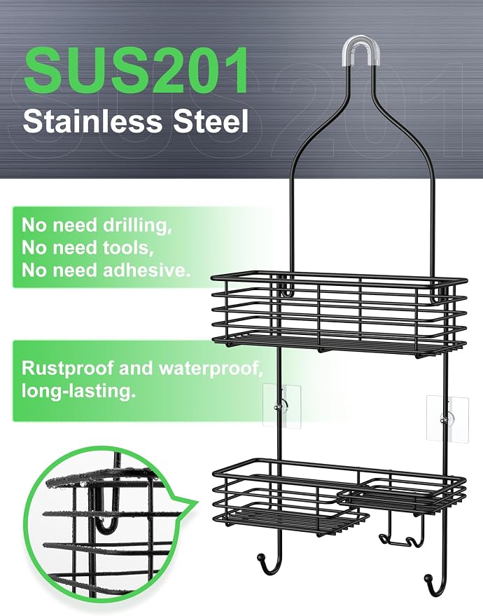 SMARTAKE Hanging Shower Head Caddy, Rustproof Bathroom Shower Shelf Organizer, SUS201 Stainless Steel Over The Storage Rack, for Toilet, Bathroom, Black - Image 6