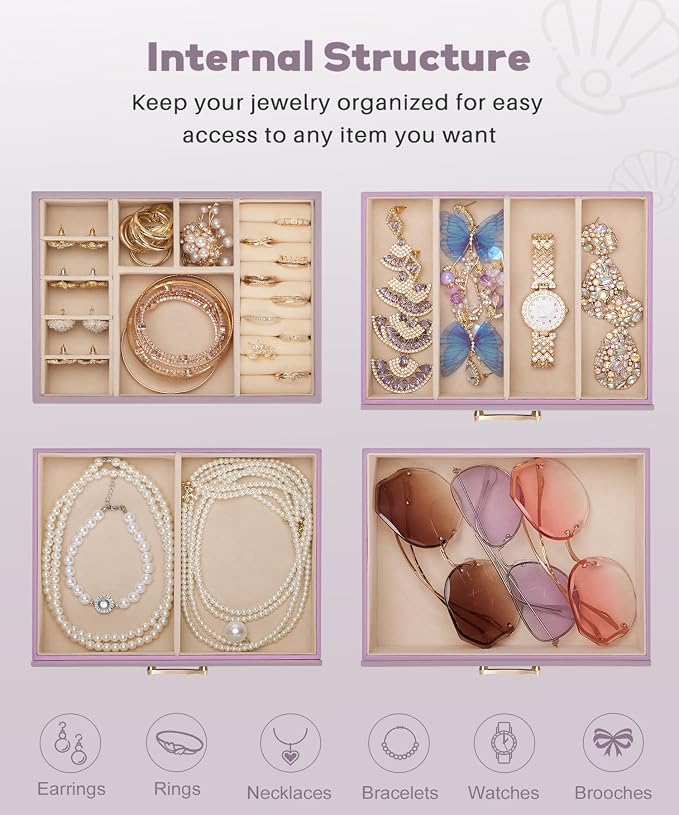 Enthralite Jewelry Box with 3 Drawers: Display Organizer for Earrings Necklaces - Gifts for Girls Women (Grey Purple) - Image 5