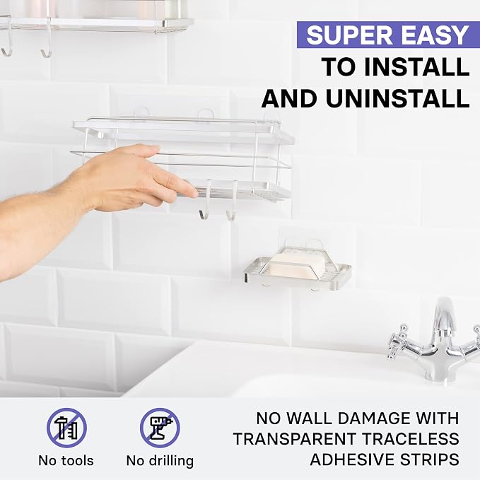 KINCMAX Premium Shower Caddy with Soap Holder, 2-Pack Adhesive Organizer, No Drill Bathroom Shelves, Rustproof Stainless Steel Shelves for Inside Shower, Storage Rack, Silver - Image 3