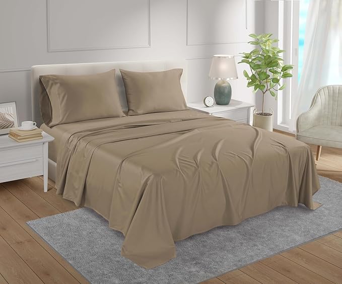 Deep Pocket Queen Sheets set, 100% Cotton Sheets Queen Size set, 800 Thread Count Soft & Durable 4 Piece Sheet & Pillowcase Sets, Sateen Weave Hotel Sheet 15" Deep, No Pill Machine Wash - Taupe