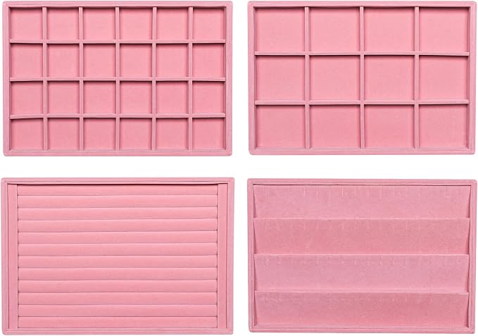 Frebeauty Stackable Velvet Jewelry Organizer Trays for Drawers Inserts Jewelry Storage Tray Display Case, Stud Earrings Bracelets Necklace Rings Accessories Trays for Women(Set of 4)(Pink) by Frebeauty