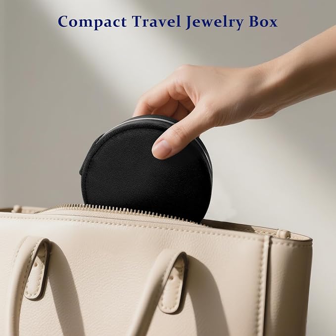 CONBOLA Travel Jewelry Case Small Jewelry Box for Women Girls,Round Velvet Jewelry Travel Organizer,Portable Jewelry Box for Rings Earrings Necklaces Bracelets.(Black,Large) - Image 7