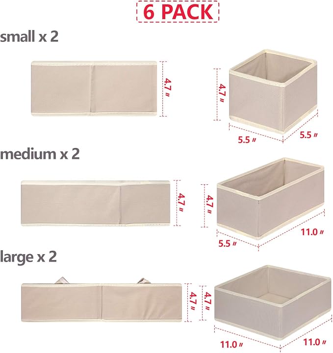 DIOMMELL 6 Pack Foldable Cloth Storage Box Closet Dresser Drawer Organizer Fabric Baskets Bins Containers Divider with Drawers for Clothes, Underwear, Bras, Socks, Lingerie, Clothing - Image 3