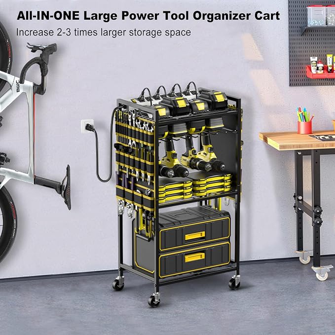 JUNNUJ Large Power Tool Organizer Cart with Charging Station, Garage Floor Standing Rolling Drill and Tools Battery Storage Cart on Wheels, Heavy Duty Rack Shelf with 8 Outlet Power Strip, Yellow - Image 6