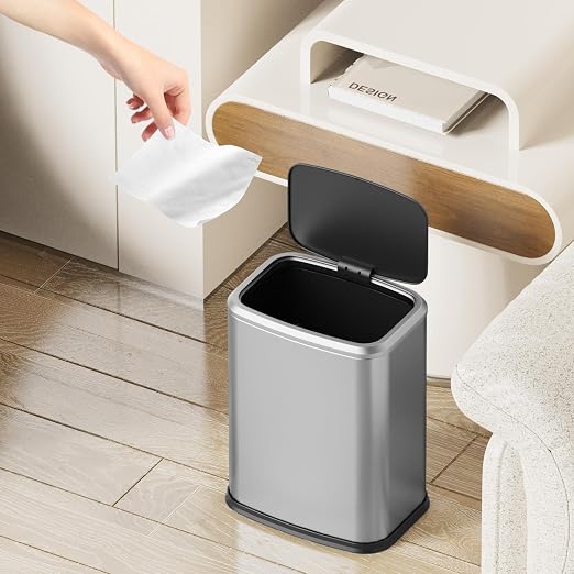 2.1 Gallon Bathroom Trash Can with Lid Press Top, 8 Liter Stainless Steel Garbage Can with Press Type Lid, Slim Trash Bin Waste Basket for Toilet, Office, Bedroom, Living Room (Silver) - Image 2