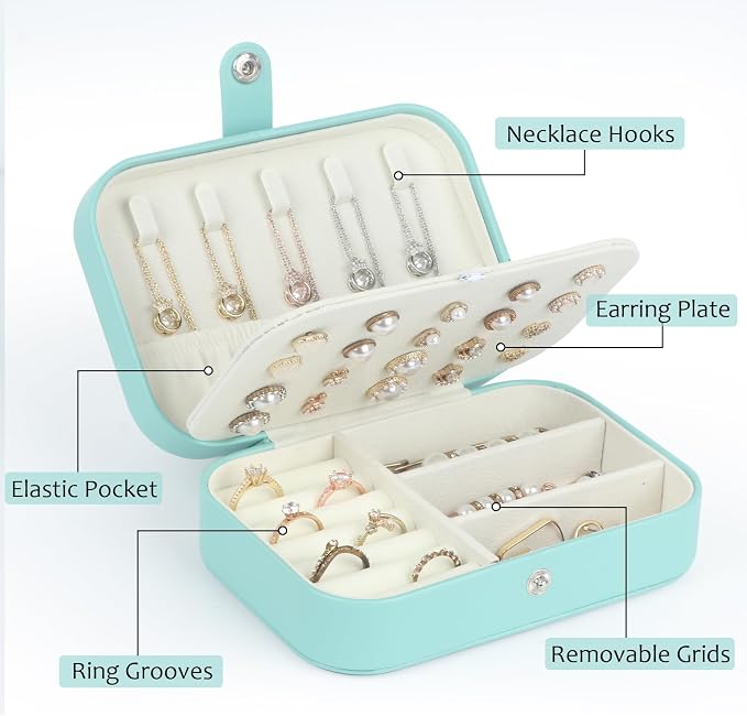 Hatori Travel Jewelry Box, PU Leather Small Jewelry Organizer for Women Girls, Portable Mini Travel Case Display Storage Holder Boxes for Stud Earrings, Rings, Necklaces, Bracelets (Turquoise) - Image 7