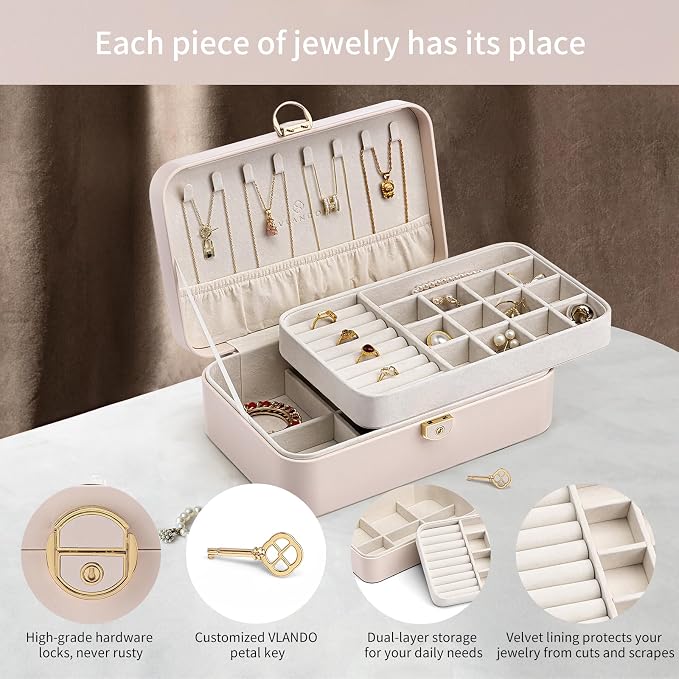 Vlando 2-Layer Jewelry Box,Valentines Day Gifts for Her Jewelry Organizer for Women Removable Jewelry Tray for Earrings Necklace,Gift Ideas,Birthday Graduation Gifts Apricot Pink - Image 2