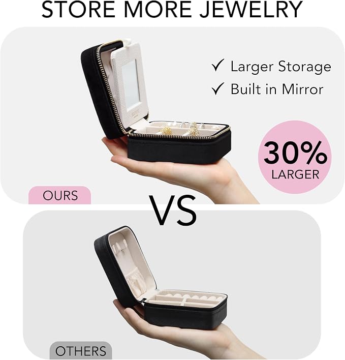 BLUTETE Travel Jewelry Box Organizer Velvet Travel Case With Mirror Rings Earrings Necklaces Storage Organizer Box (Black) - Image 3