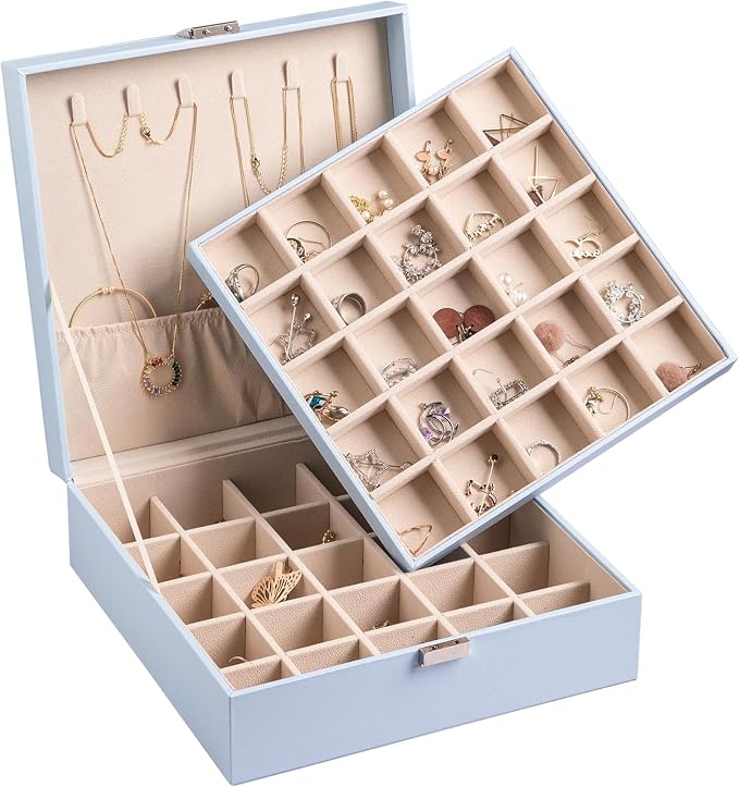 Frebeauty Earring Organizer Classic Jewelry Box 50 Slots Double Layer Jewelry Storage Case with 6 Necklace Hook and Bracelet Pocket(Sky Blue) by Frebeauty