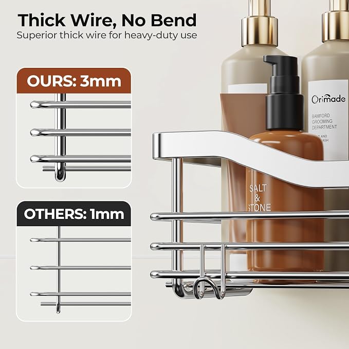 Orimade Shower Caddy Basket Shelf with 5 Hooks Adhesive Organizer Storage Rack Rust Resistant Wall Mounted Stainless Steel No Drilling for Bathroom, Toilet, Kitchen - 2 Pack - Image 4