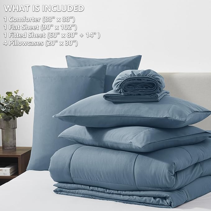 CozyLux Queen Comforter Set Mineral Blue, 7 Pieces Bed in a Bag, Blue Comforters Queen Size, All Season Bedding Sets with Stitch Quilted Comforter, Flat Sheet, Fitted Sheet, Pillowcases