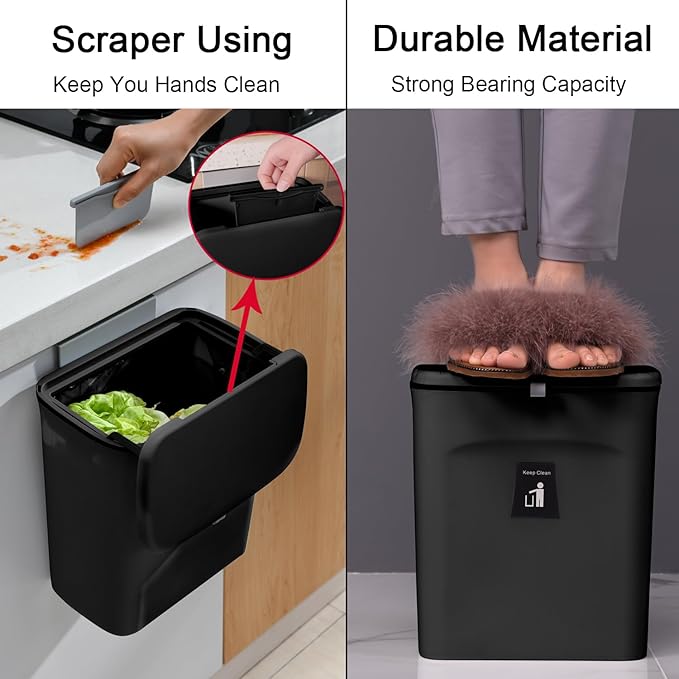 Tiyafuro 2.4 Gallon Kitchen Compost Bin for Counter Top or Under Sink, Hanging Small Trash Can with Lid for Cupboard/Bathroom/Bedroom/Office/Camping, Mountable Indoor Compost Bucket, Black - Image 5