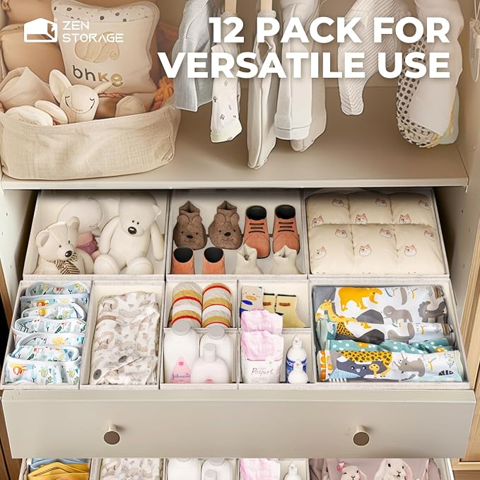 Cotton Linen Drawer Organizer for Baby Clothes, 12Pack Multi-Size Nursery Dresser Dividers for Clothes, Premium Foldable Storage Bins for Bedroom, Closet and Diaper Table, Beige - Image 6