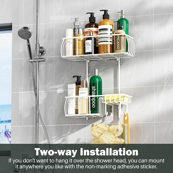Epicano Shower Caddy Hanging, Anti-Swing Over Head Shower Caddy Rustproof with hooks for Towels, Sponge and more,White - Image 5