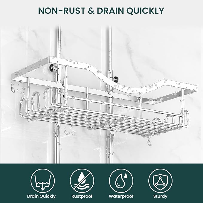 Shower Caddy Hanging Adjustable Shower Caddy, Rustproof Shower Organizer Extended Length Showers Caddy Over Shower Head with Hooks Soap Holder, Large Capacity Anti-Swing Bathroom Organizer, Silver - Image 3