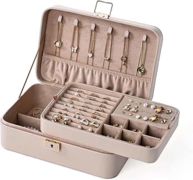 Jewelry Box, 2-Layer Jewelry Holder Organizer with Lock, Removable Jewelry Tray for Earrings Necklaces Bracelets, Light Taupe by biqimusse