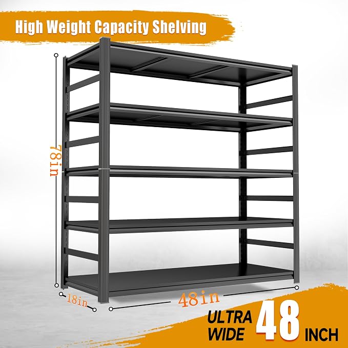 78''H×48''W Garage Shelving,5 Tier Heavy Duty Metal Garage Storage Shelves, Metal Shelving, 3000 lbs Adjustable Standing Shelf and Double-Layer Posts for Garage,Warehouse,Basement Black - Image 2