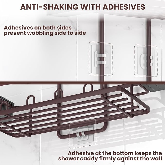 REINHARDT Shower Caddy Hanging, Rustproof Shower Caddy Anti-Swing Shower Organizer No Drilling Showers Racks with Soap Holder Multi Hooks Bathroom Storage for Shampoo Sponge, Bronze - Image 7