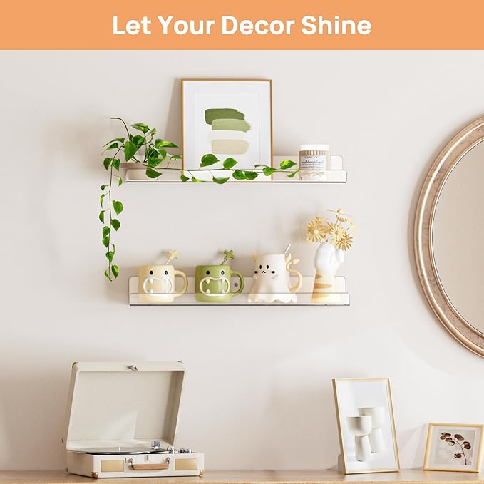 upsimples Acrylic Shelves for Bathroom Storage, 15" Floating Shelves Wall Organizer for Perfume, Make up, Skincare, Kids Bookshelf for Bedroom, Nursery, Living Room Decor, Clear, 2 Pack - Image 2