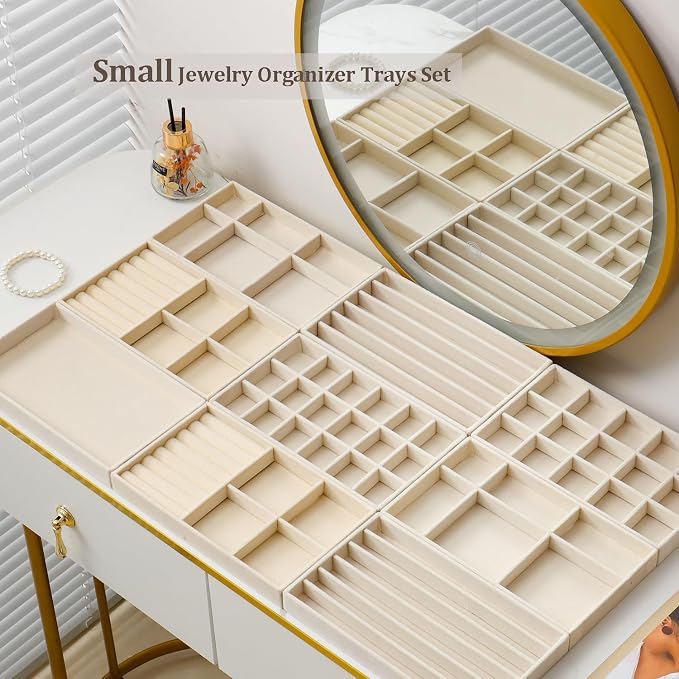 Stackable Jewelry Organizer Trays Set of 9, Small Velvet Jewelry Organizers Earring Necklace Ring Bracelet Display Case Storage for Drawer Dresser (Beige) - Image 6