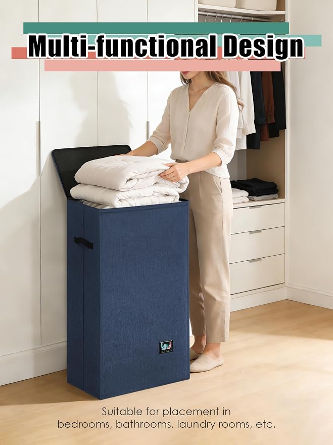 WTREE Laundry Hamper with Lid, Reinforced Sturdy Clothes Hamper with Anti-Puncture Base, Large Collapsible Laundry Basket with Removable Liner Bag, Tall Dirty Clothes Bin for Family, 100L Navy Blue - Image 6