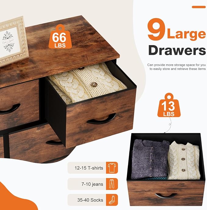 Sweetcrispy 9-Drawer Fabric Dresser Storage Tower with Wood Top and Steel Frame, Organizer Chest with Easy Pull Handles for Bedroom, Closet, Hallway,Distressed Brown - Image 5