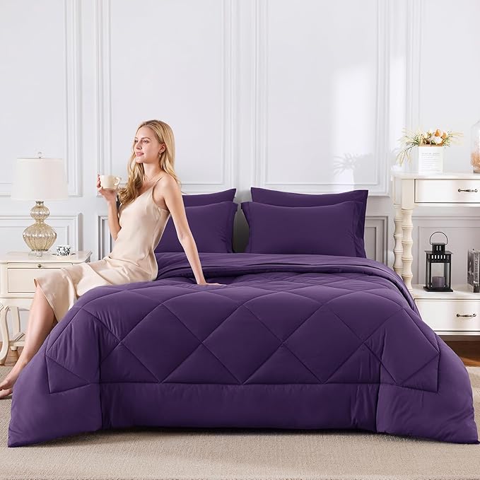 CozyLux Queen Comforter Set Purple - Bed in a Bag Queen Size 7 Pieces, Luxury Soft Bed Set for All Seasons, Bedding Set with Down Alternative Comforter, Sheets, Pillowcases & Shams