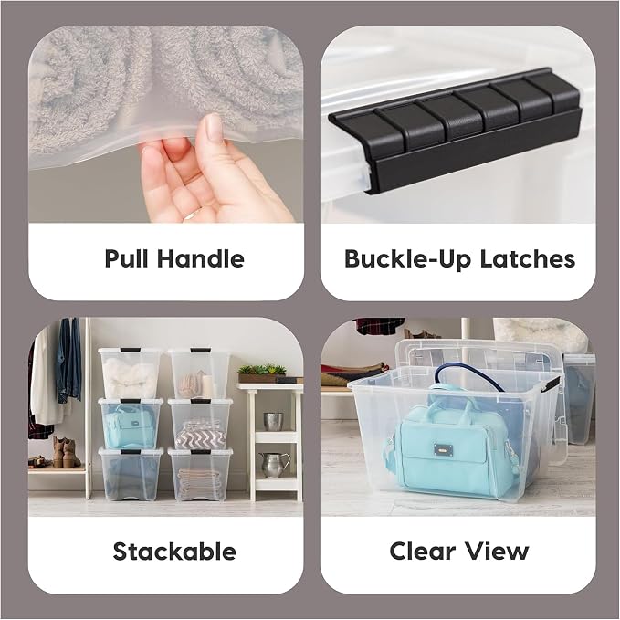 IRIS USA 54 Qt Stackable Plastic Storage Bins with Lids, 12 Pack - BPA-Free, Made in USA - See-Through Organizing Solution, Latches, Durable Nestable Containers, Secure Pull Handle - Clear - Image 3