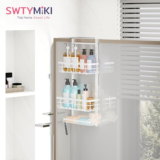 SWTYMIKI Over The Door Shower Caddy - 3 Tier Rustproof Hanging Shower Organizer with Adjustable Shelves, 28 Hooks & Soap Holder, Hanging Shower Rack Storage for Bathroom Accessories, White - Image 2