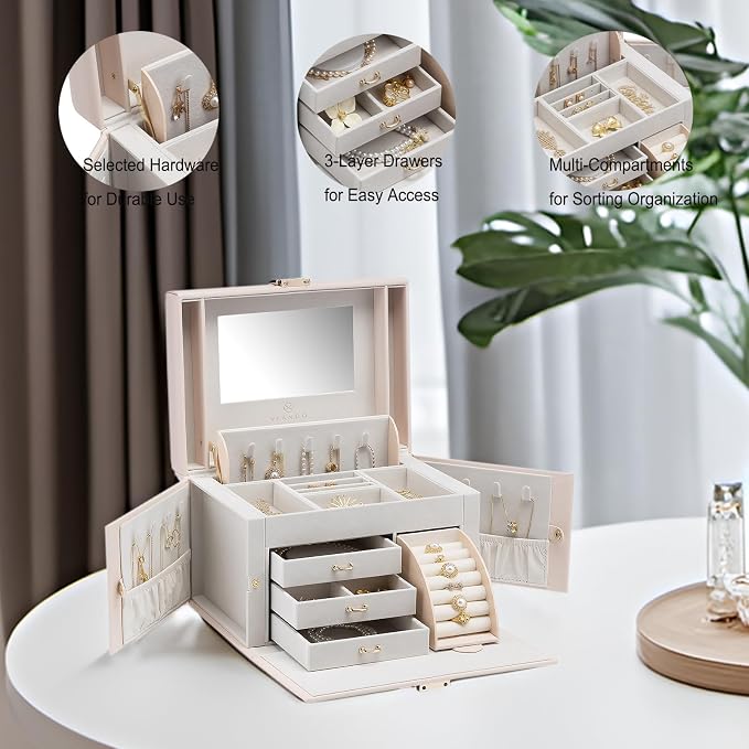 Vlando Mirrored Jewelry Box Organizer, Leather Jewelry Storage Case, Necklaces Earrings Rings Brackets Box Holder, Pink Beige - Image 6