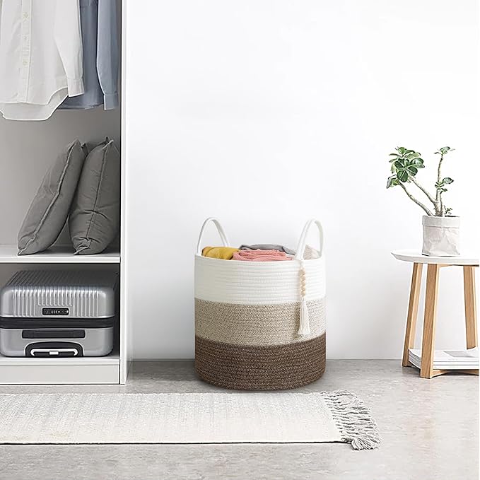 Mkono Woven Storage Basket Decorative Natural Rope Basket Wooden Bead Decoration for Blankets,Toys,Clothes,Shoes,Plant Organizer Bin with Handles Living Room Home Decor, 16" W × 13.8" L - Image 2