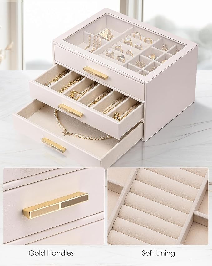 Vlando Jewelry Box for Women, Glass Lid Jewelry Organizer with 3 Drawers for Necklaces Rings Earrings Bracelets - Light Pink - Image 5