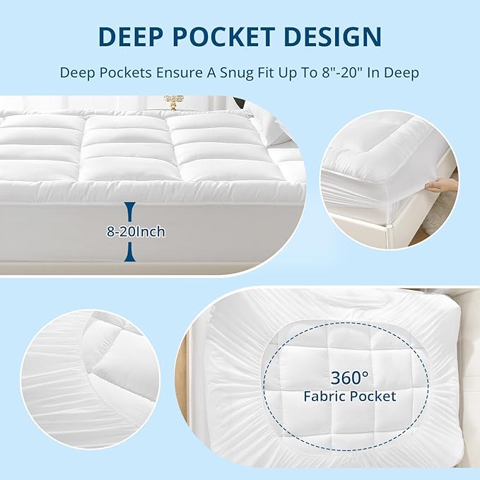 YUGYVOB Mattress Pad Extra Thick, Cooling, and Breathable King Mattress Topper 8-21" Deep Pocket Soft Down Alternative Fill