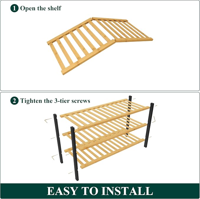 Smiry Bamboo Shoe Rack for Closet, 3 Tier Wooden Stackable Shoe Organizer, Free Standing Shoes Storage Shelf for Entryway, Front Door Entrance, Natural & Black - Image 5