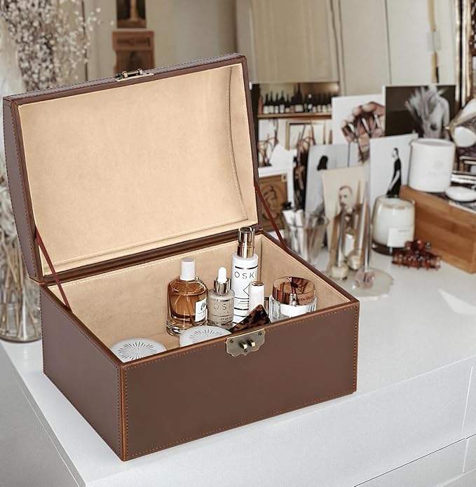 HofferRuffer Faux Leather Decorative Box, Large Wooden Structure Keepsake Box Accessory Organizer Jewelry Organizer with Hinged Lid, Storage Container for Home or Office (Antique Brown) - Image 4