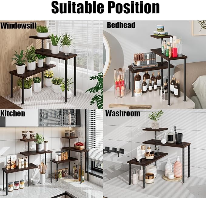 Countertop Organizer Organization 3 Tier Kitchen Corner Shelves Adjustable Spice Storage Rack for Bathroom Coffee Area Over Sink (Black Oak) - Image 6