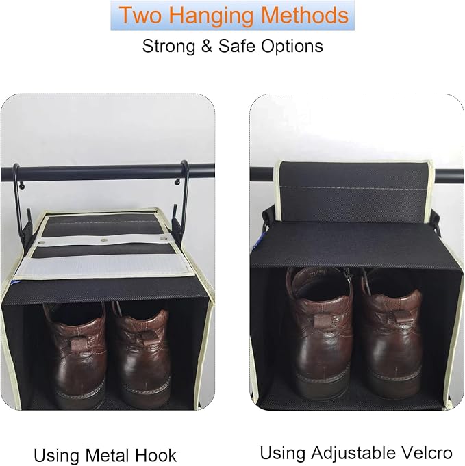 2 Pack Large-Sized Hanging Shoe Organizer 8-Shelf, Hanging Closet Organizer with 8 Side Pockets, Wider Hanging Shelves for Storage Shoes Clothes 9" W × 11.8" D× 48" H, Black. - Image 4
