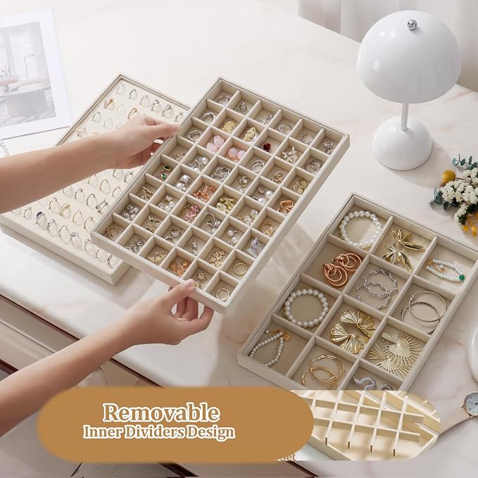 Large Velvet Jewelry Tray 2 Pack Stackable Jewelry Display Drawer Inserts Trays Organizer for Earring Bracelet Necklace Ring (Beige, 48 Grids) - Image 4