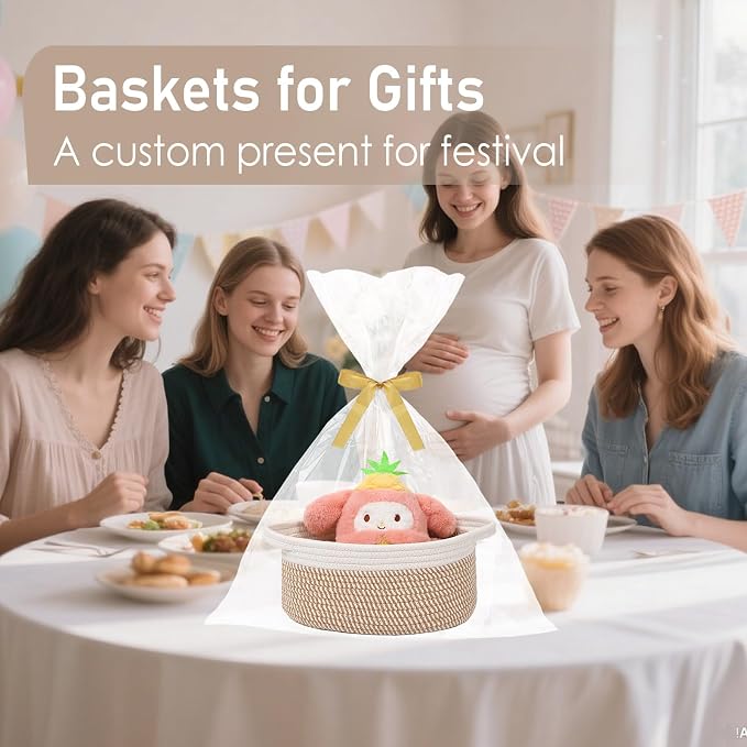 JMvicyroam Woven Basket,Small Rope Storage Bin with Handles & Ribbon Bag, Organizer for Shelves Closets,Gift Basket Empty for Birthday,Books,Dog Toys, White&Brown Block/3 Pack - Image 4