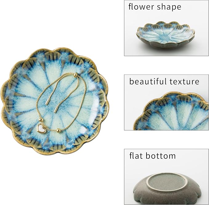 Jewelry Dish Tray, Ring Dish, Ceramic Trinket Tray, Key Bowl, Decorative Plate, for Friends Sisters Daughter Mother (Retro Blue) - Image 6