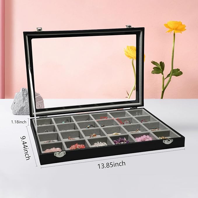 Stratalife Earring Organizer Velvet Jewelry Organizer Box 24 Grid Earring Tray Jewelry Display Jewelry Storage Jewelry Trays For Drawers Jewelry Display Case With Clasp (Gray Black) - Image 3