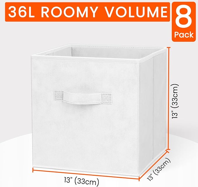 Criusia Storage Cubes - 13 Inch Heavy Duty Fabric Storage Bins for Shelves Closet Cube Organizer - 8 Pack Collapsible Cube Storage Bins Baskets for Clothes Blankets Toys - Nursery Organization (White) - Image 2
