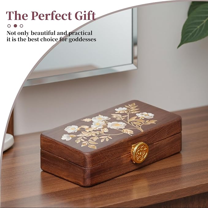 Travel Jewelry Case Small Wood Jewelry Organizer Jewelry Box for Women (Nut-Brown Print) - Image 5